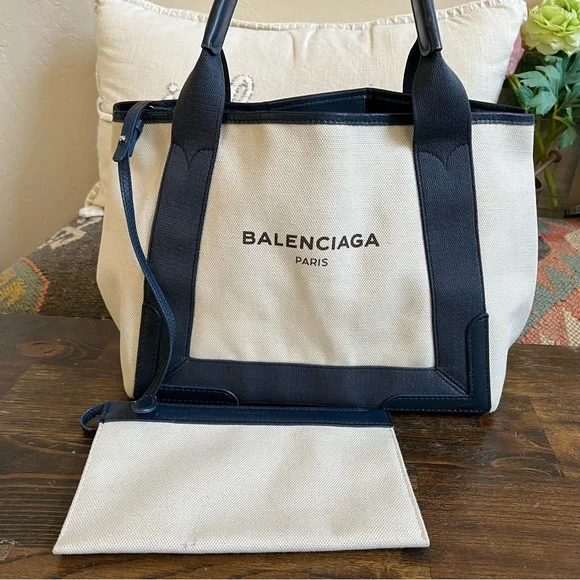 Balenciaga $1,200 Cabas Canvas Navy Leather Trim Tote Bag